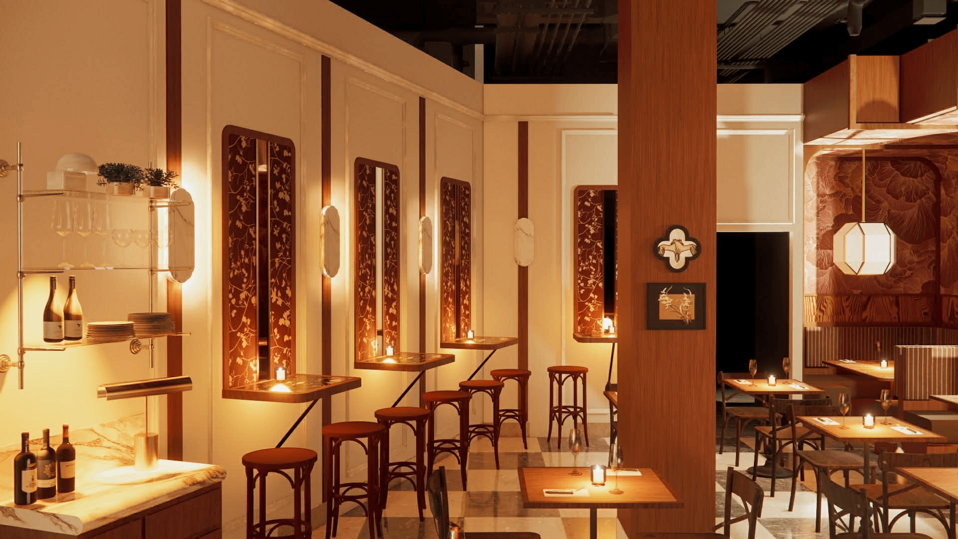 Warm, golden-lit dining room at Ông Bà with bar seating and gilded wall panels.
