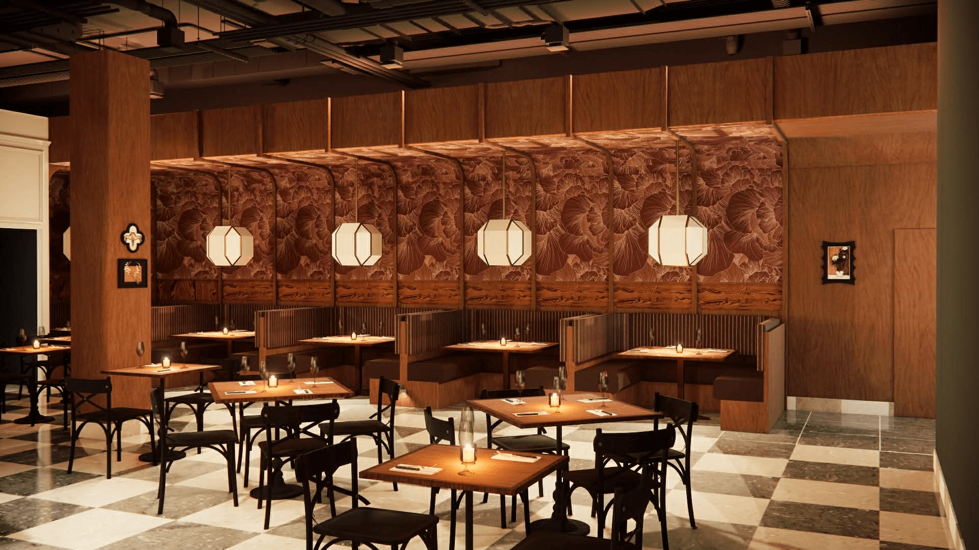 The warm, lantern-lit dining room at Ông Bà Vietnamese Eatery, seen through an archway.